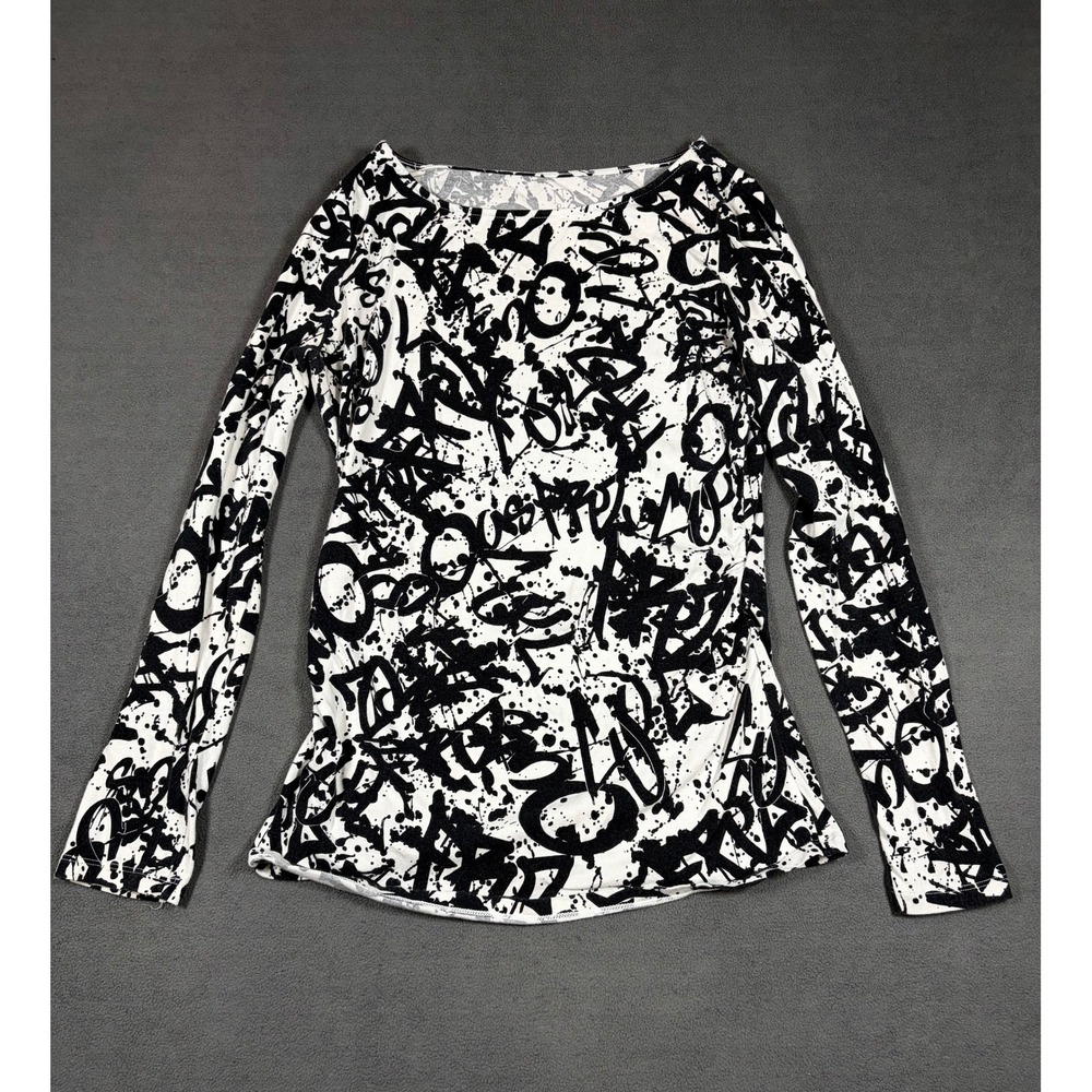 New York & Company Top Womens Medium White Graffiti Print Long Sleeve Stretch